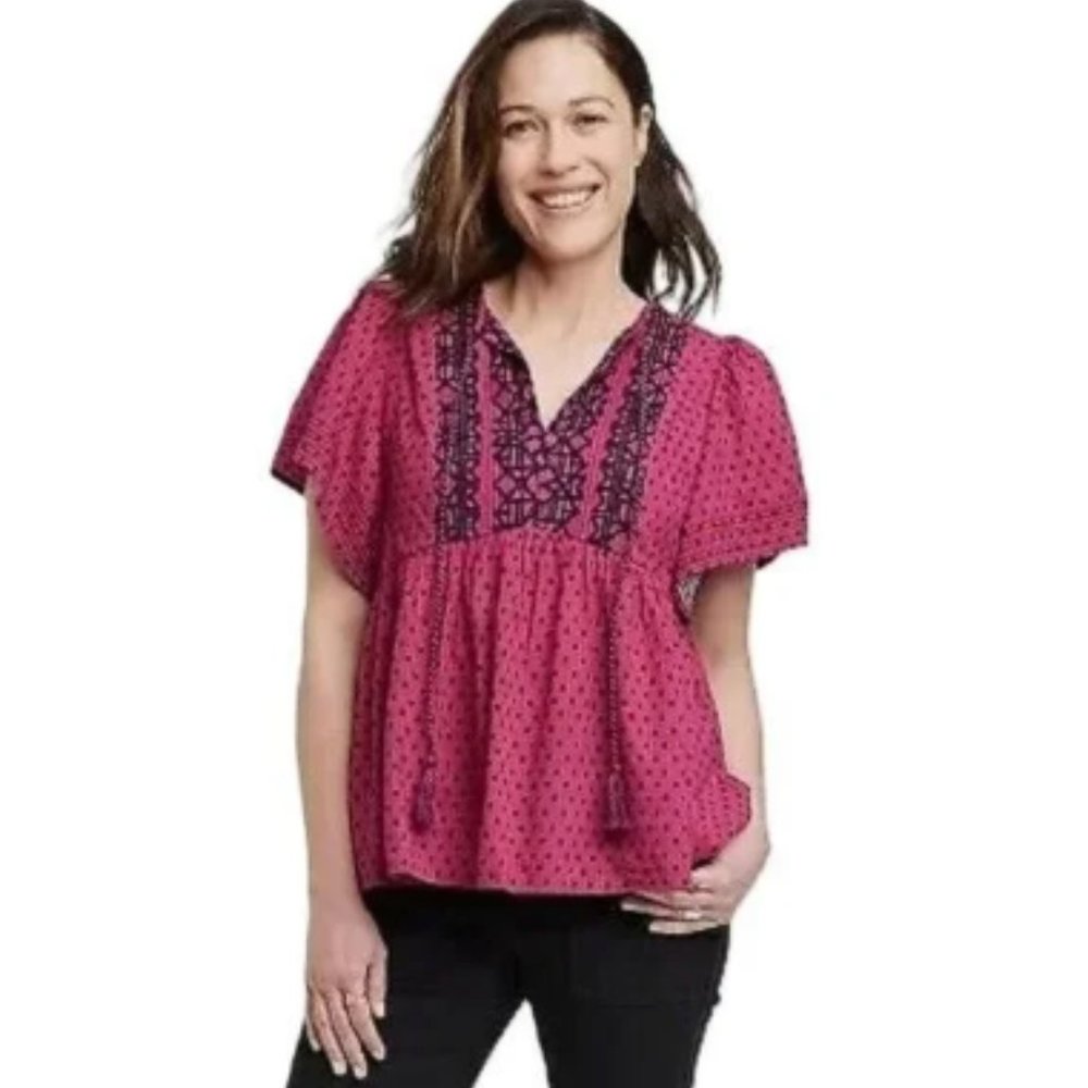 Knox Rose Women's Tie Neck Flutter Short Sleeve Blouse Rich Magenta Dot XS NWT